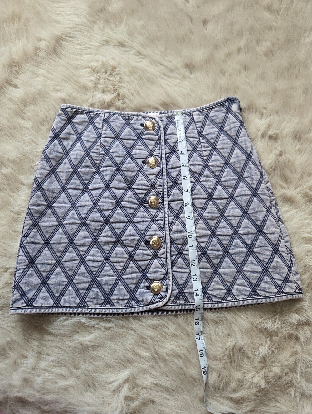 cinq a sept Light Blue Quilted Diamond-Pattern Mini Skirt with Gold Buttons - Picture 5 of 7